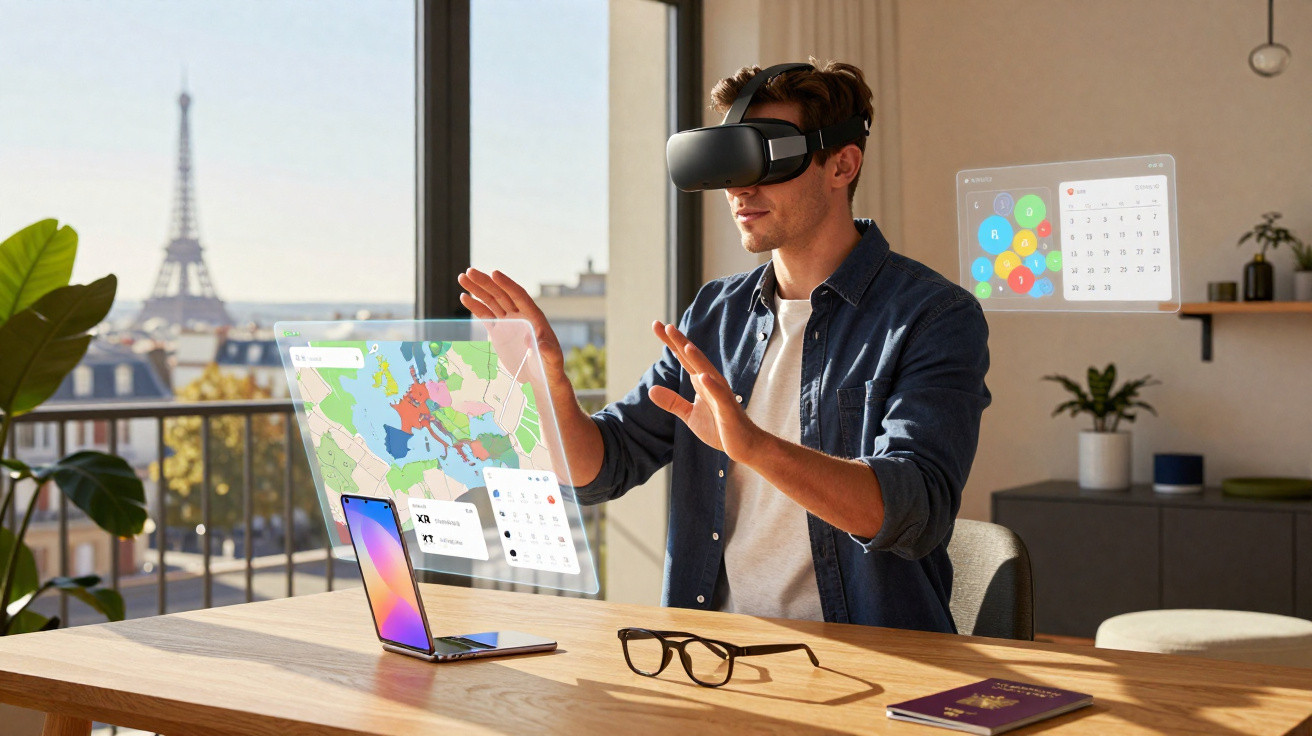 Man wearing VR headset interacting with virtual maps and calendars in a sunlit room with Eiffel Tower view.