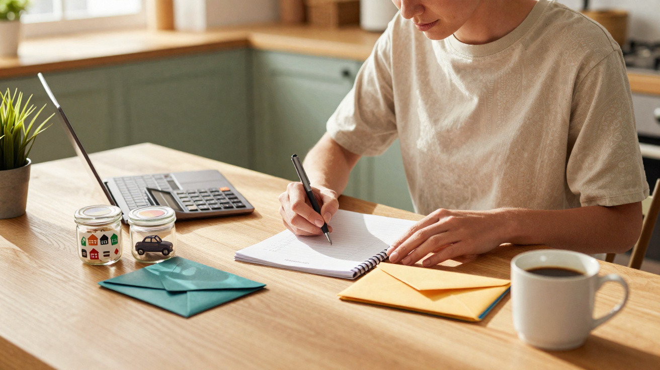 Person writing in a notebook at a table with envelopes, a calculator, money jars, a toy car, and a cup of coffee.