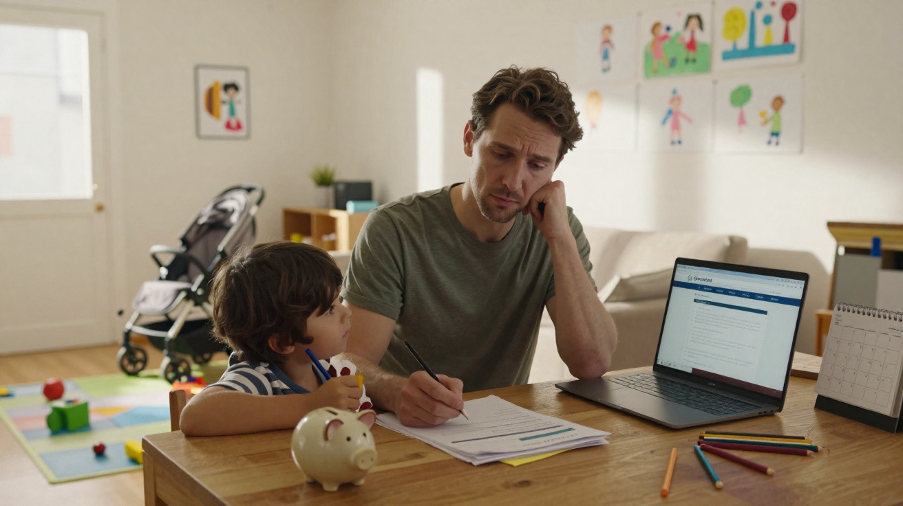 Father helping young son with homework at a table, laptop open, colourful pencils and piggy bank nearby.
