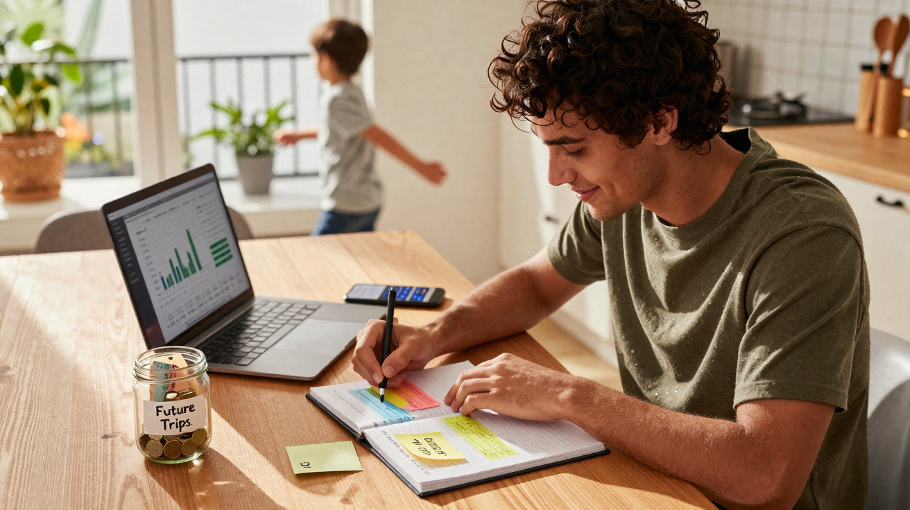 Young man writing in a notebook with a laptop and a jar labelled "Future Trips" on the table, child in background.