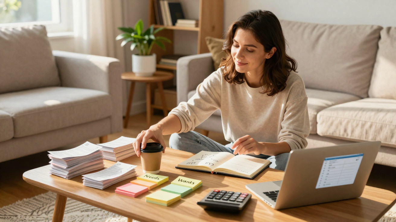 Young woman organising bills and notes labelled Needs and Wants at a living room table with laptop and calculator.