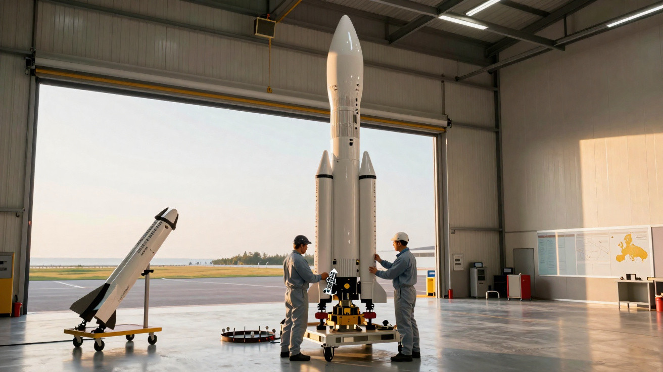 Two engineers in a hangar working on a tall white rocket model with a smaller rocket nearby at sunset.