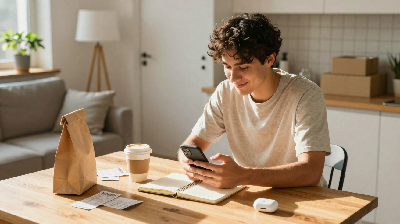 Young man sitting at kitchen table using smartphone with notebook, coffee, and paper bag nearby in bright room.