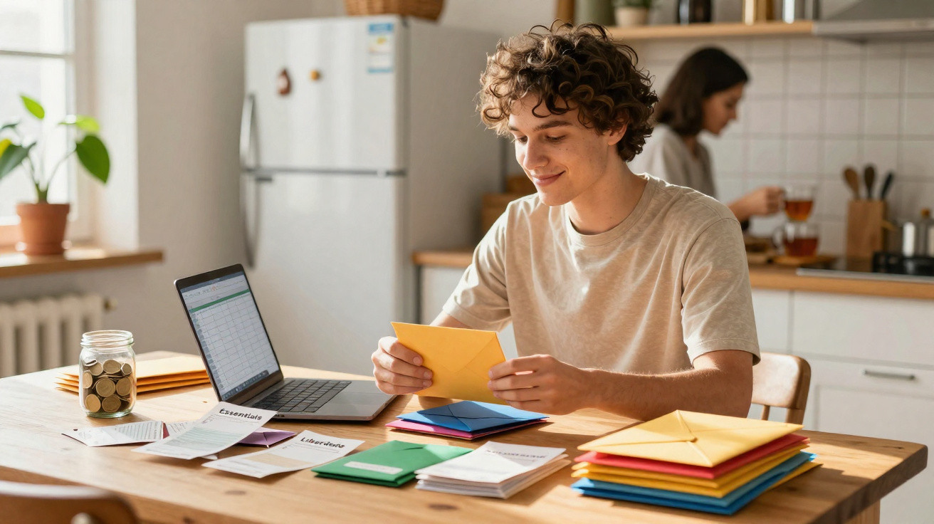 Young man sorting colourful envelopes at table with laptop and finance documents in bright kitchen.