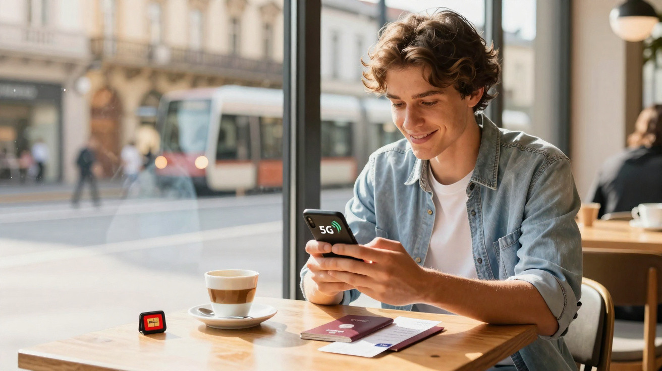 Young man in denim shirt smiling at his smartphone inside a café by the window with coffee and documents on the table.