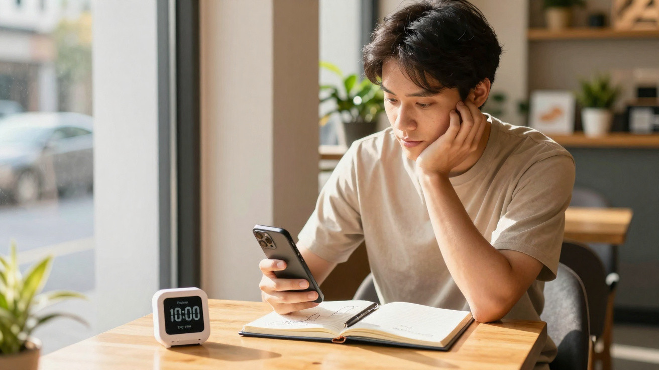 Young man sitting at a wooden table, looking at his phone with an open notebook and a digital clock showing 10:00.