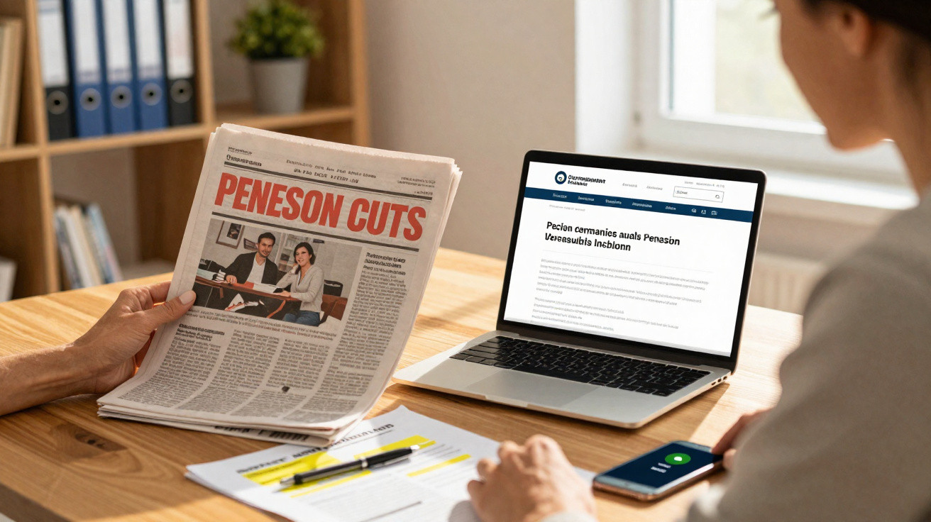 Person reading a newspaper titled "PENESON CUTS" beside an open laptop and documents on a wooden table.