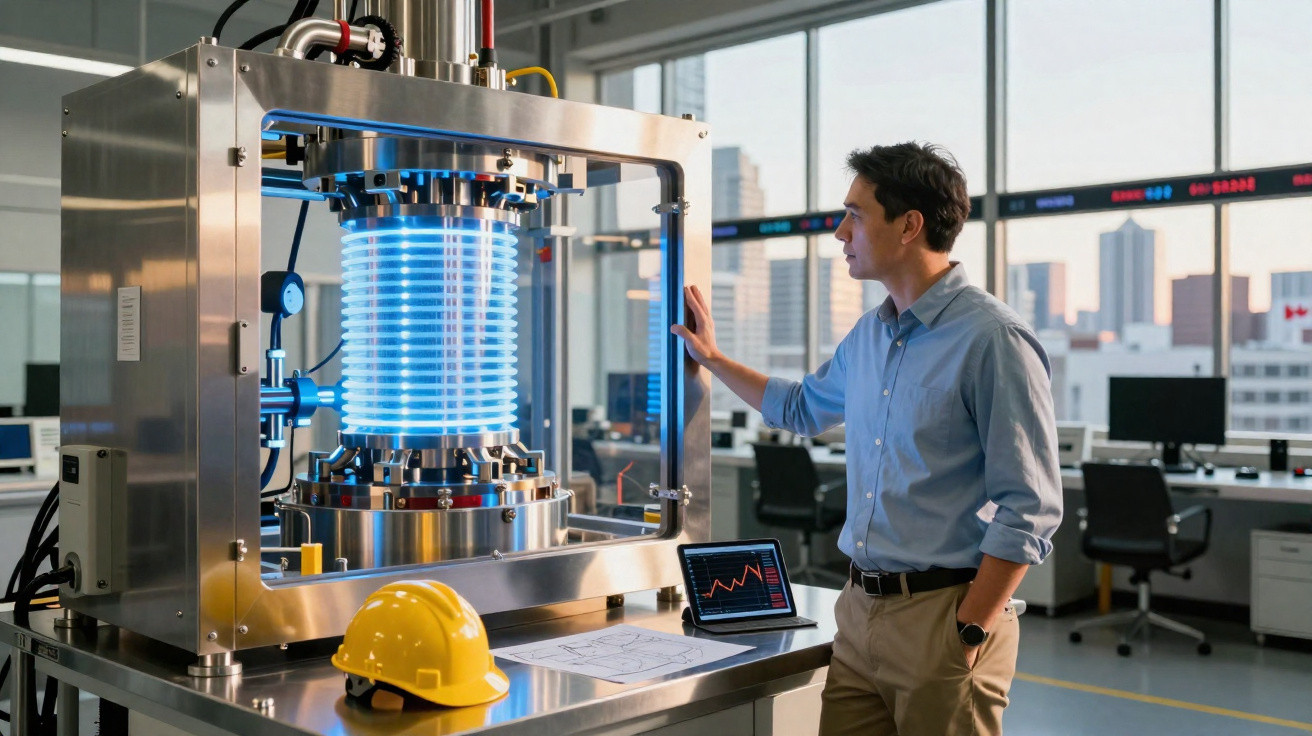 Engineer analysing a high-tech industrial machine with glowing blue coils in a modern laboratory.