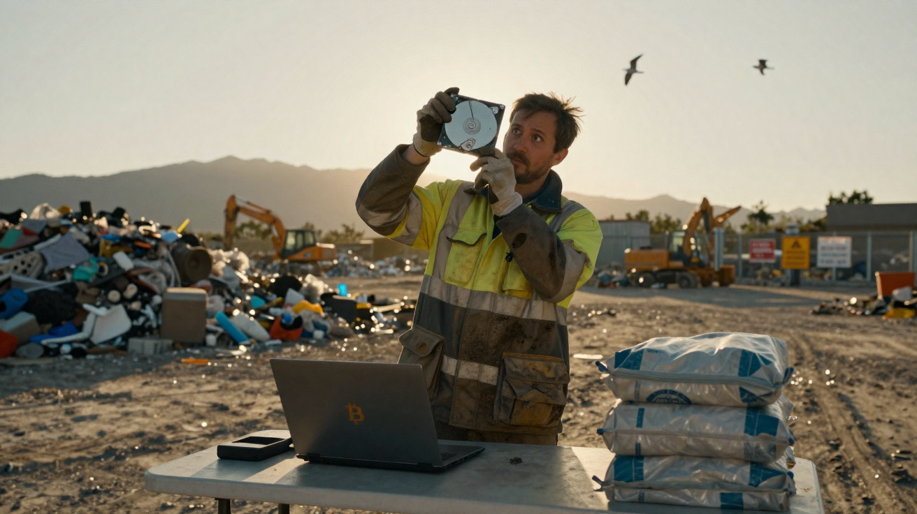 Man in high-visibility jacket examining a hard drive at a table with laptop in a scrapyard during sunset.