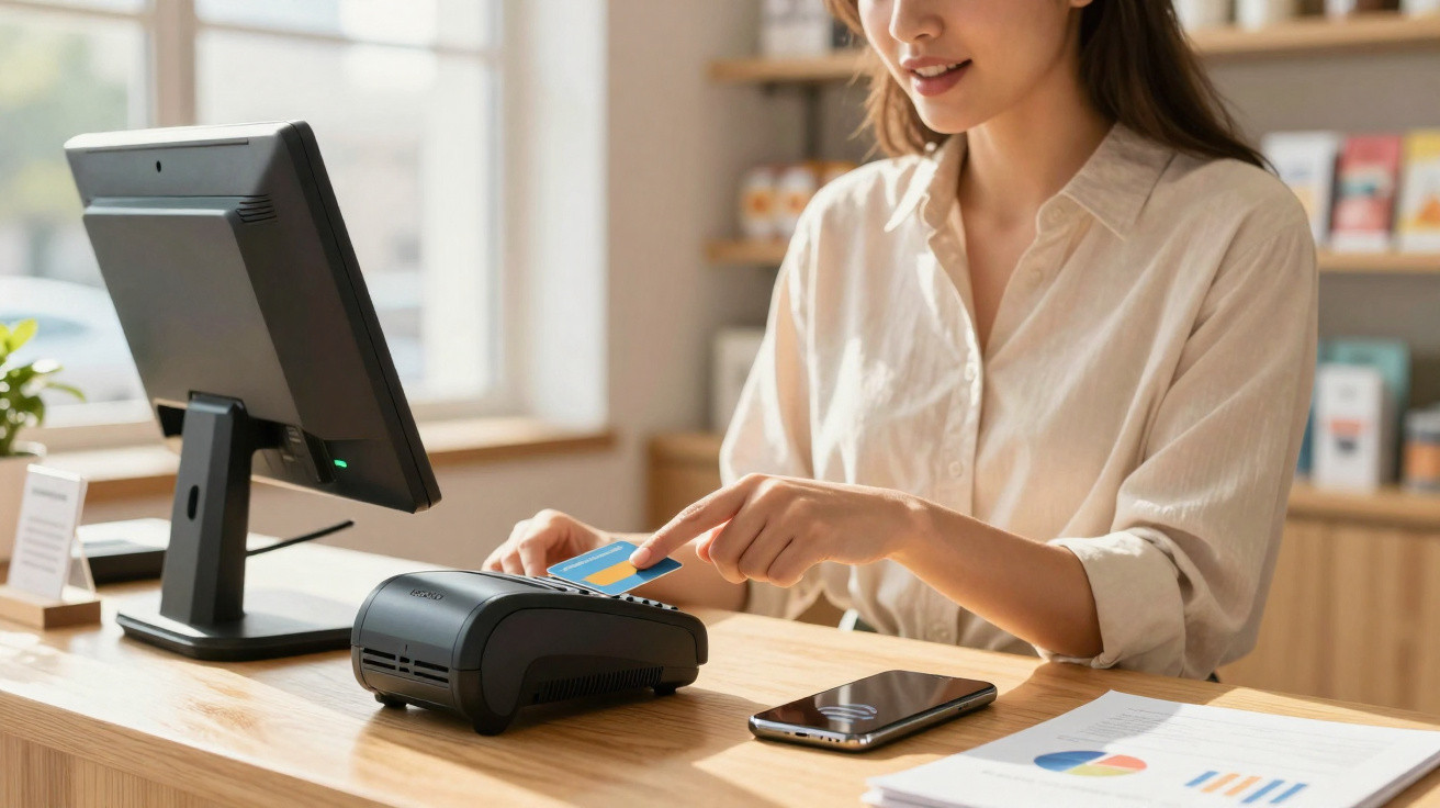 Woman using contactless card payment on a card reader at a wooden counter with a smartphone and documents nearby.
