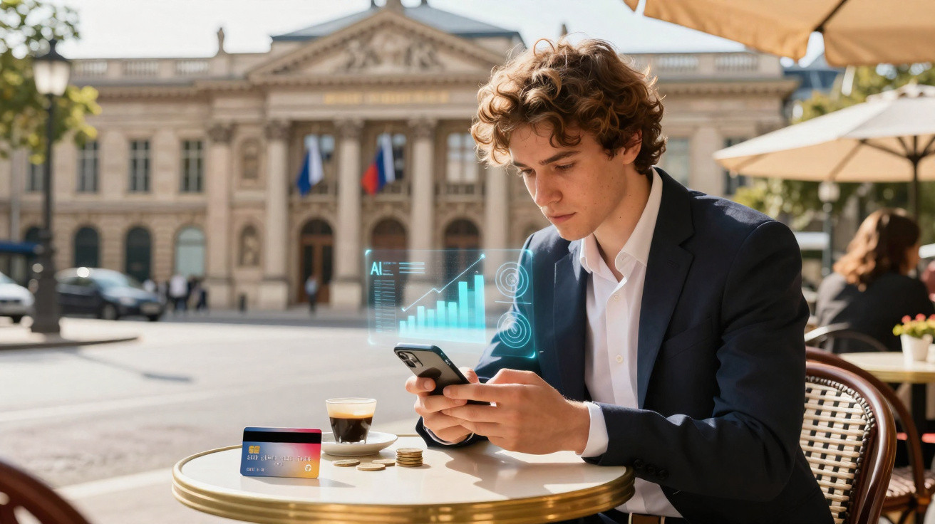 Young man in suit using smartphone with digital financial graphs at outdoor cafe table with coffee and credit card.