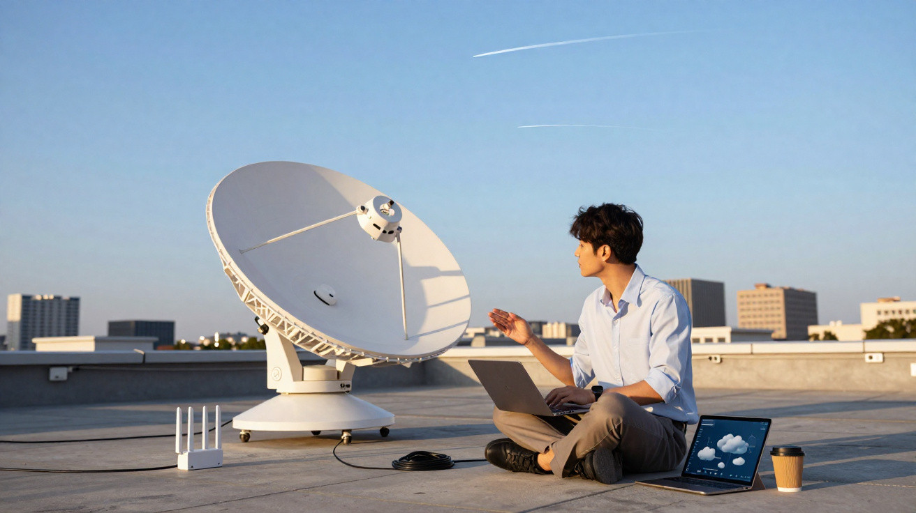 Man sitting on rooftop with laptop and tablet near satellite dish under clear sky with airplane trails.