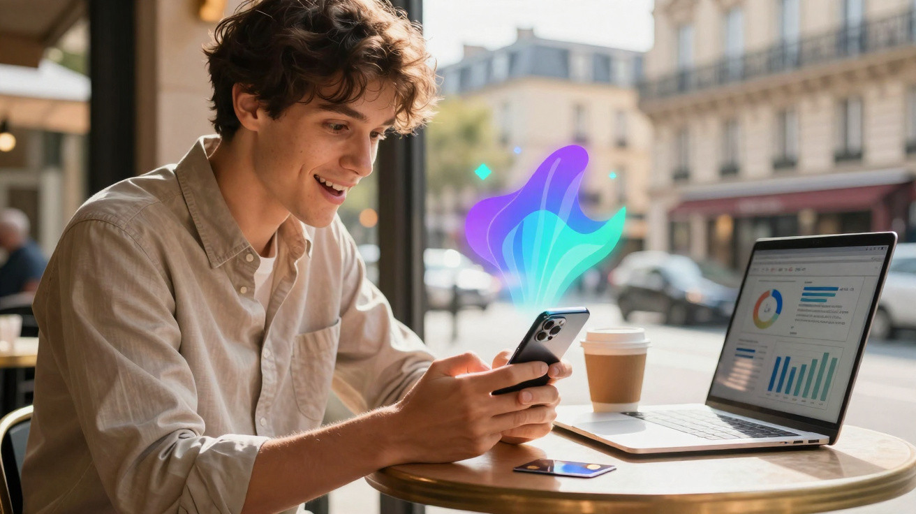 Young man smiling at smartphone with digital graphics, laptop and coffee on café table by window.