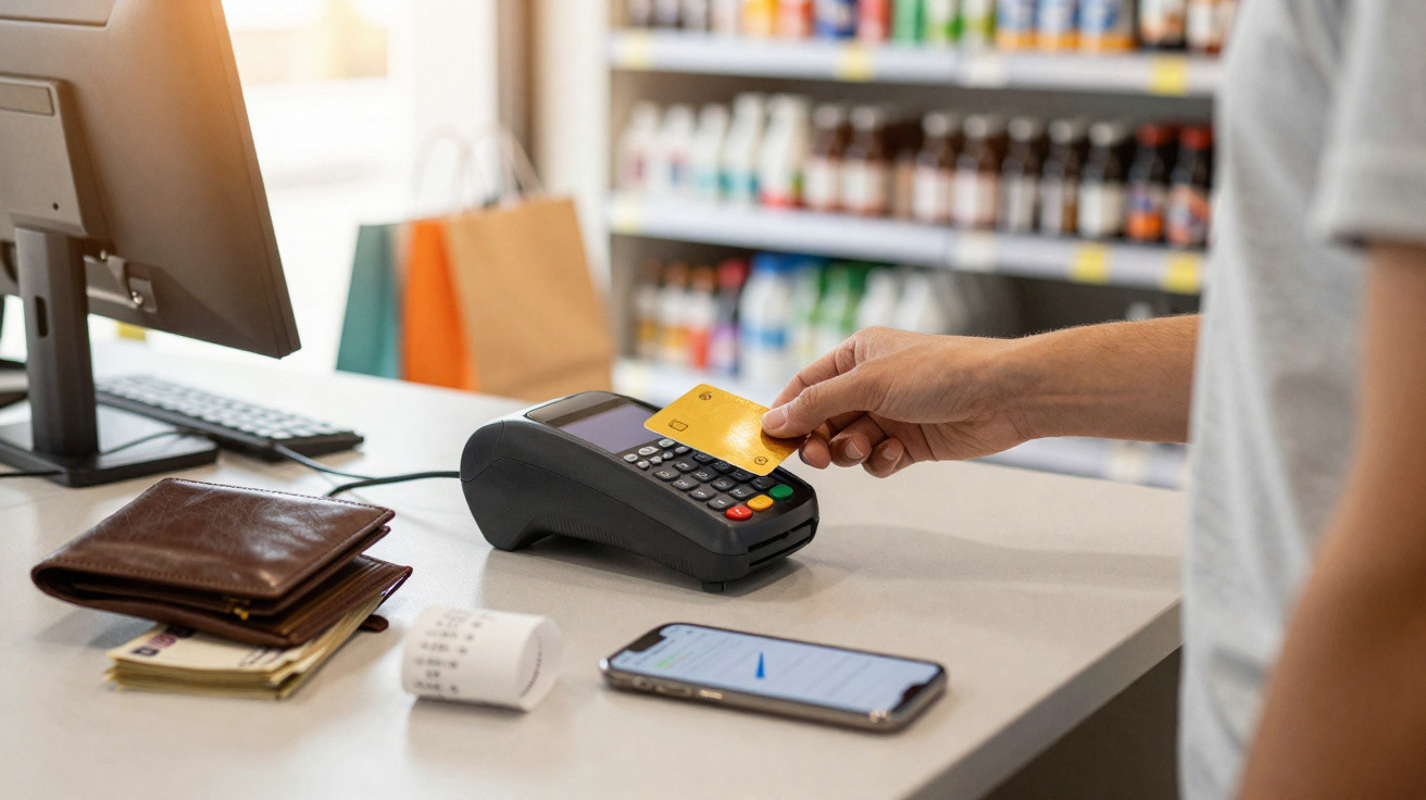 Person holding a contactless card above a payment terminal on a store counter with phone and wallet nearby.