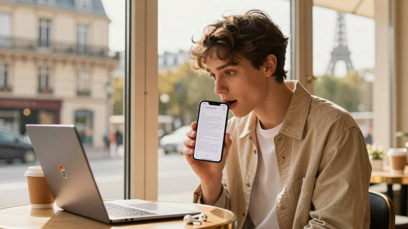 Young man using voice command on smartphone while working on laptop in a café with Eiffel Tower visible outside.