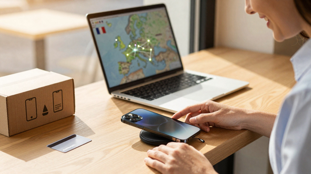 Person placing a smartphone on a wireless charger beside a laptop displaying a connected Europe map.