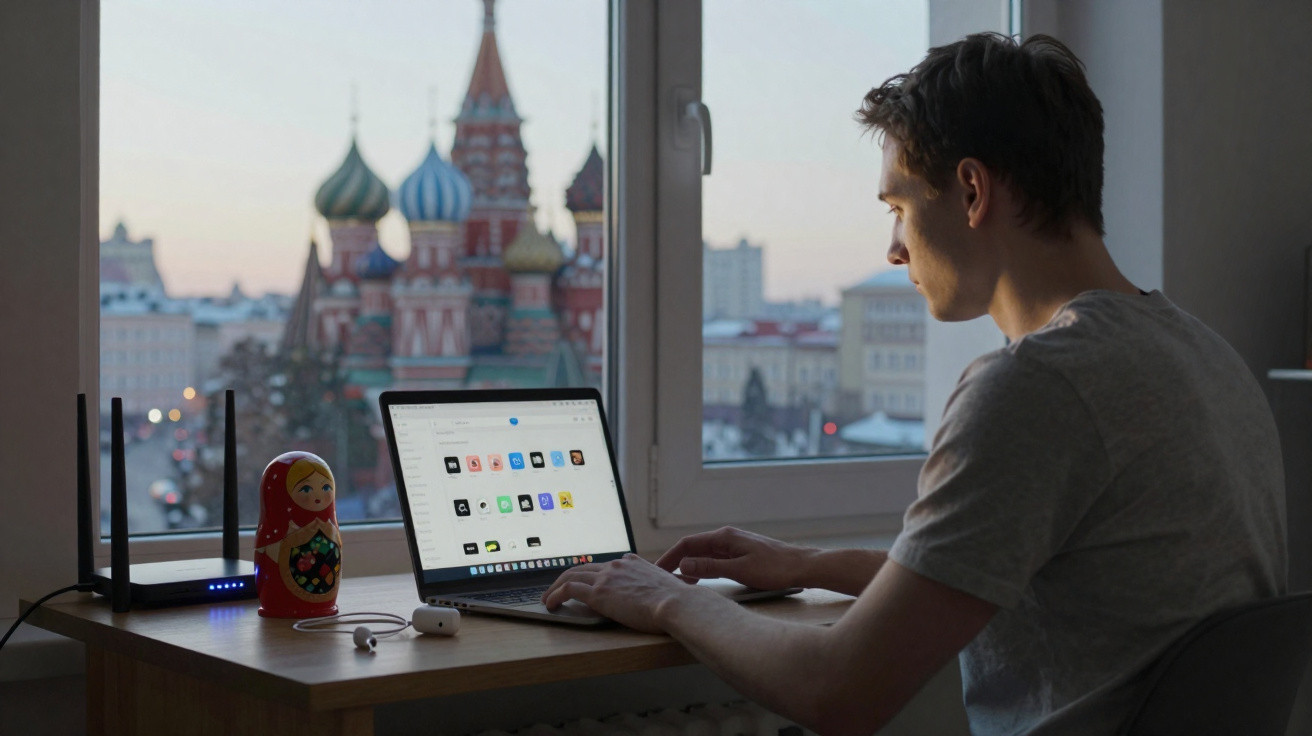 Young man using laptop at a desk by a window with Saint Basil's Cathedral visible outside in the evening light.