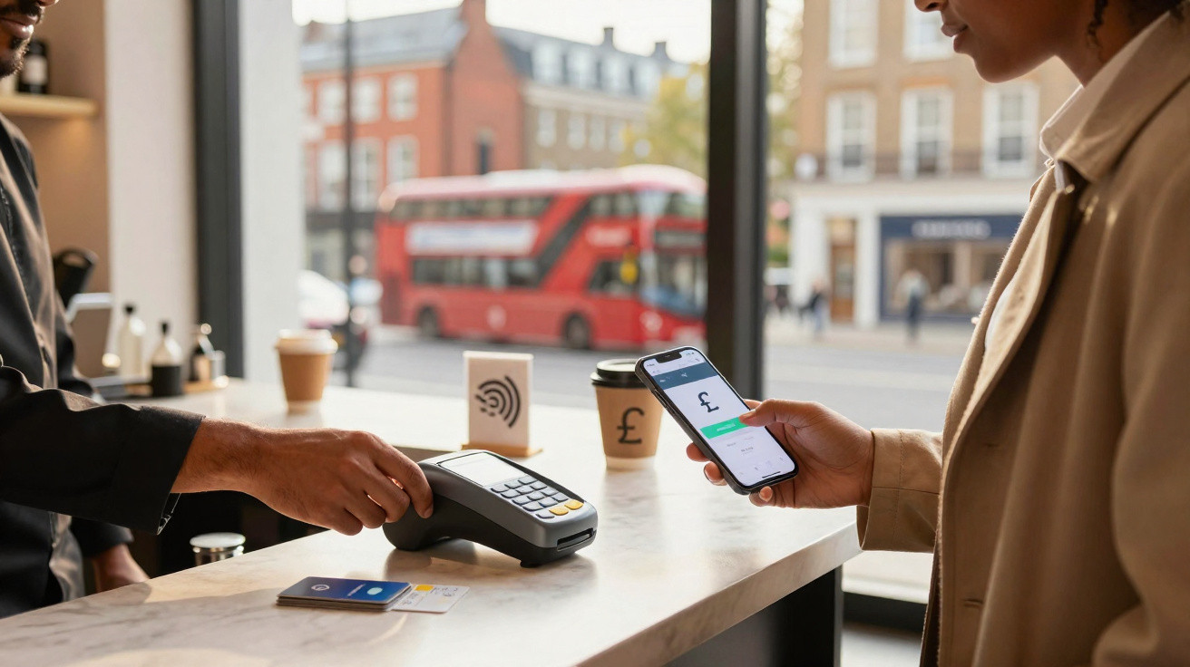 Person paying contactless with smartphone at a cafe counter with London street and bus outside window.