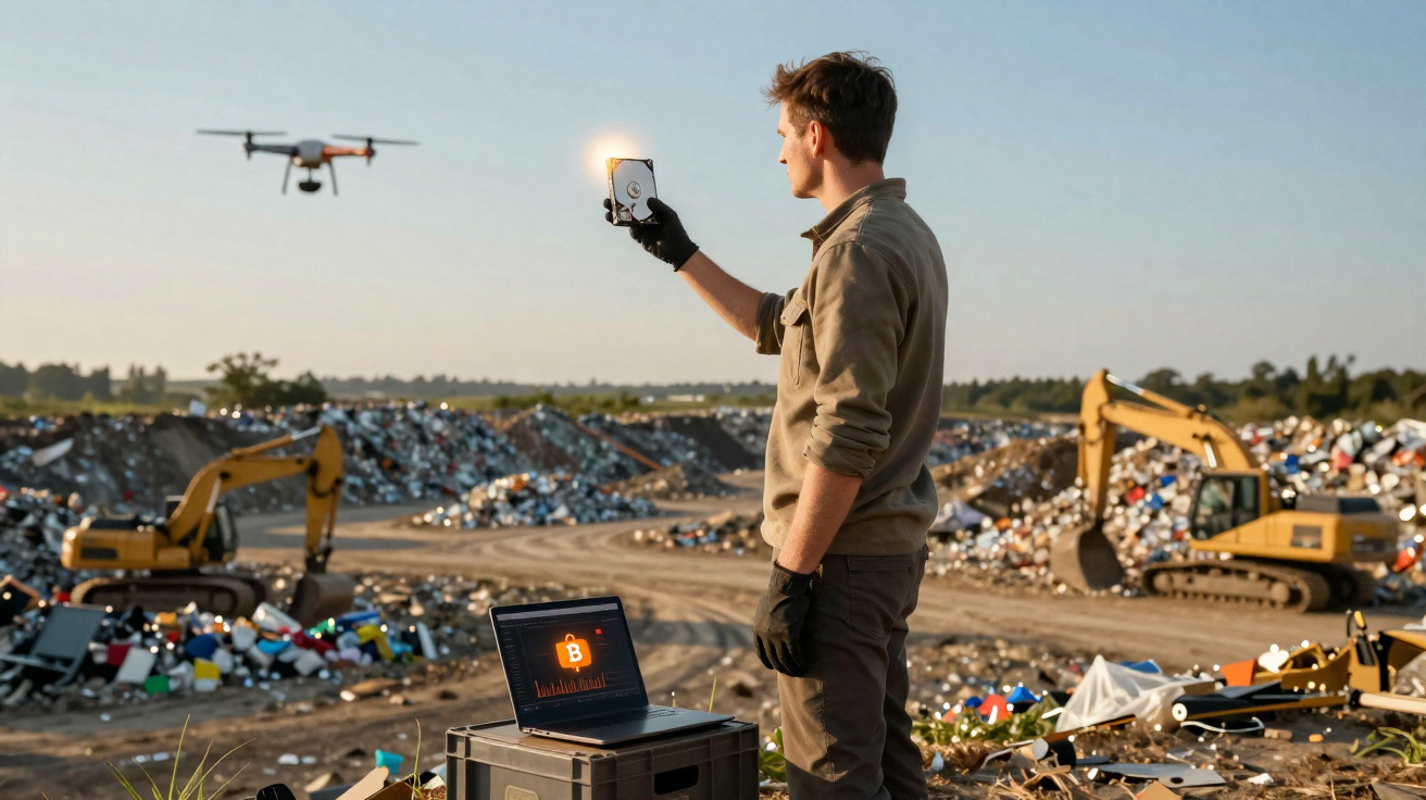Man holding hard drive near flying drone with laptop showing blockchain symbol at e-waste recycling site.