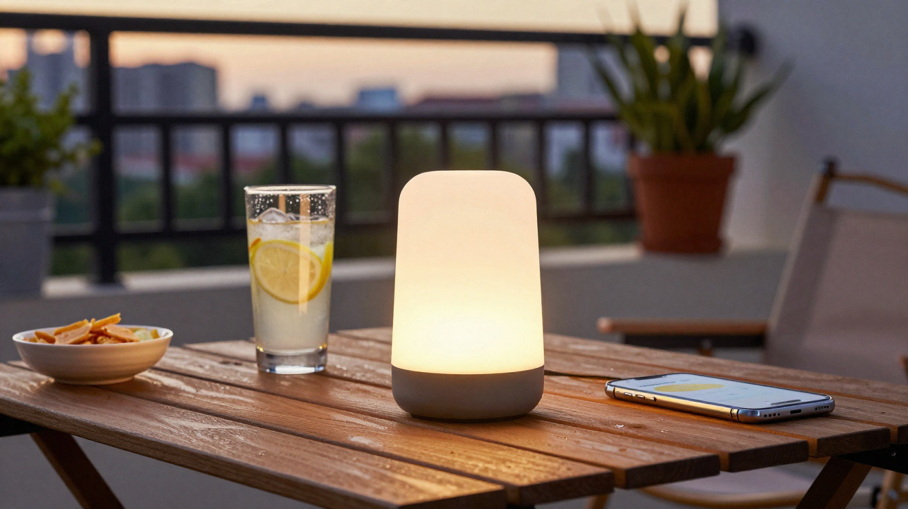 A glowing table lamp, glass of lemon water, smartphone, and bowl of snacks on a wooden patio table at dusk.