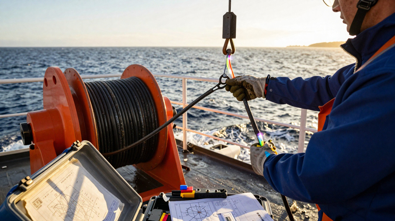 Worker handling a cable attached to a winch on a boat deck with sea and horizon in the background.