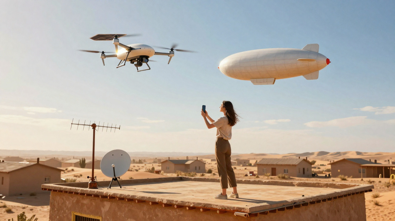 Woman on rooftop using phone near flying drone and white blimp against clear blue sky in desert village.