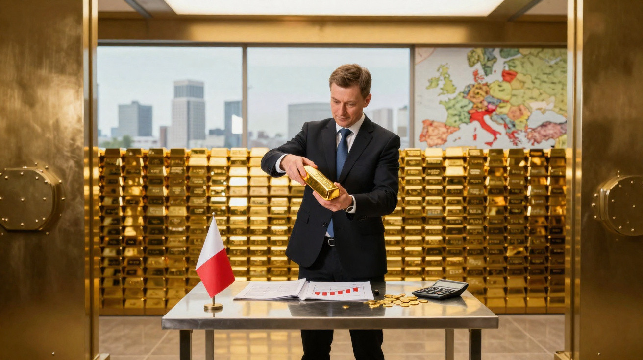 Man in suit holding a gold bar in front of stacked gold bars and a table with documents and Polish flag.