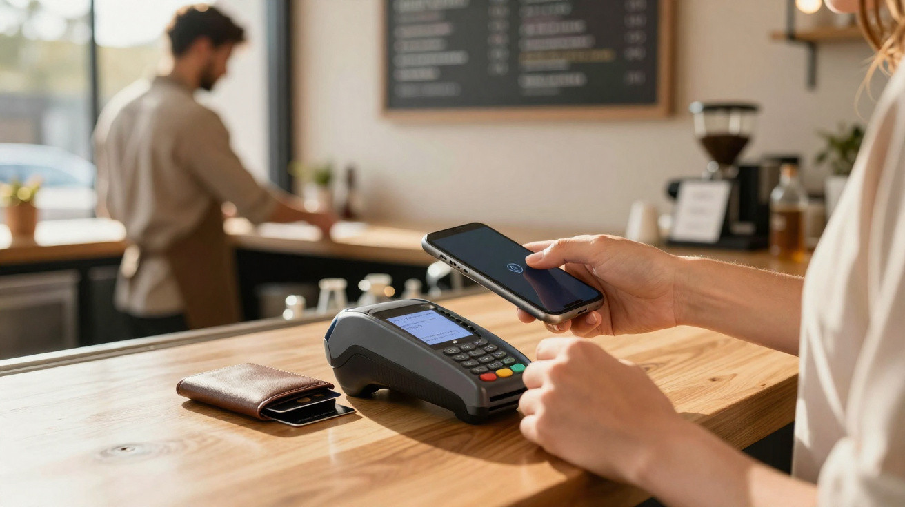 Person using smartphone to make contactless payment at a café with barista in the background.