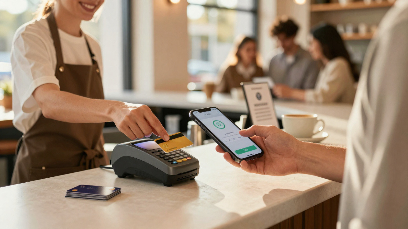 Barista tapping card on terminal while customer pays with smartphone in bright café interior.