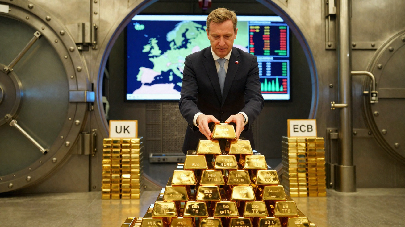 Man stacking gold bars in a vault with UK and ECB labelled gold stacks and a digital map in the background.