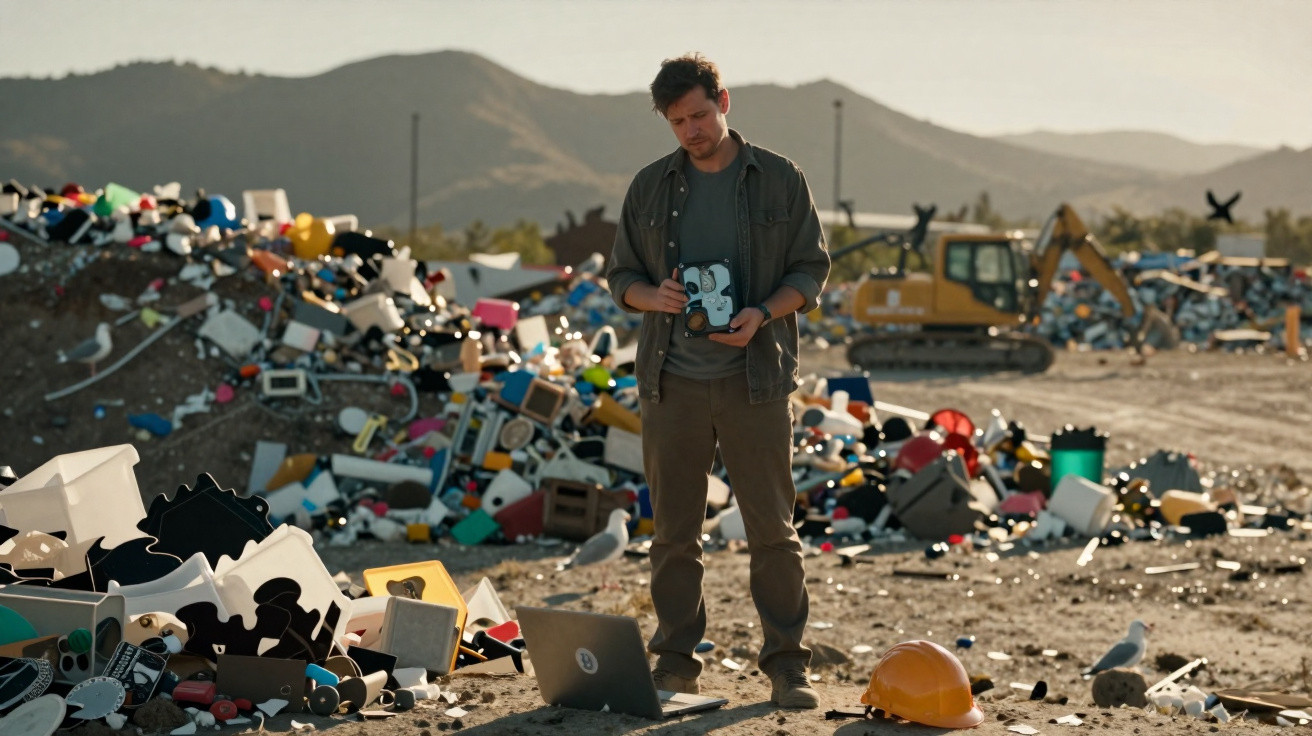Man examining old electronics in a scrapyard with piles of discarded devices and a laptop on the ground.