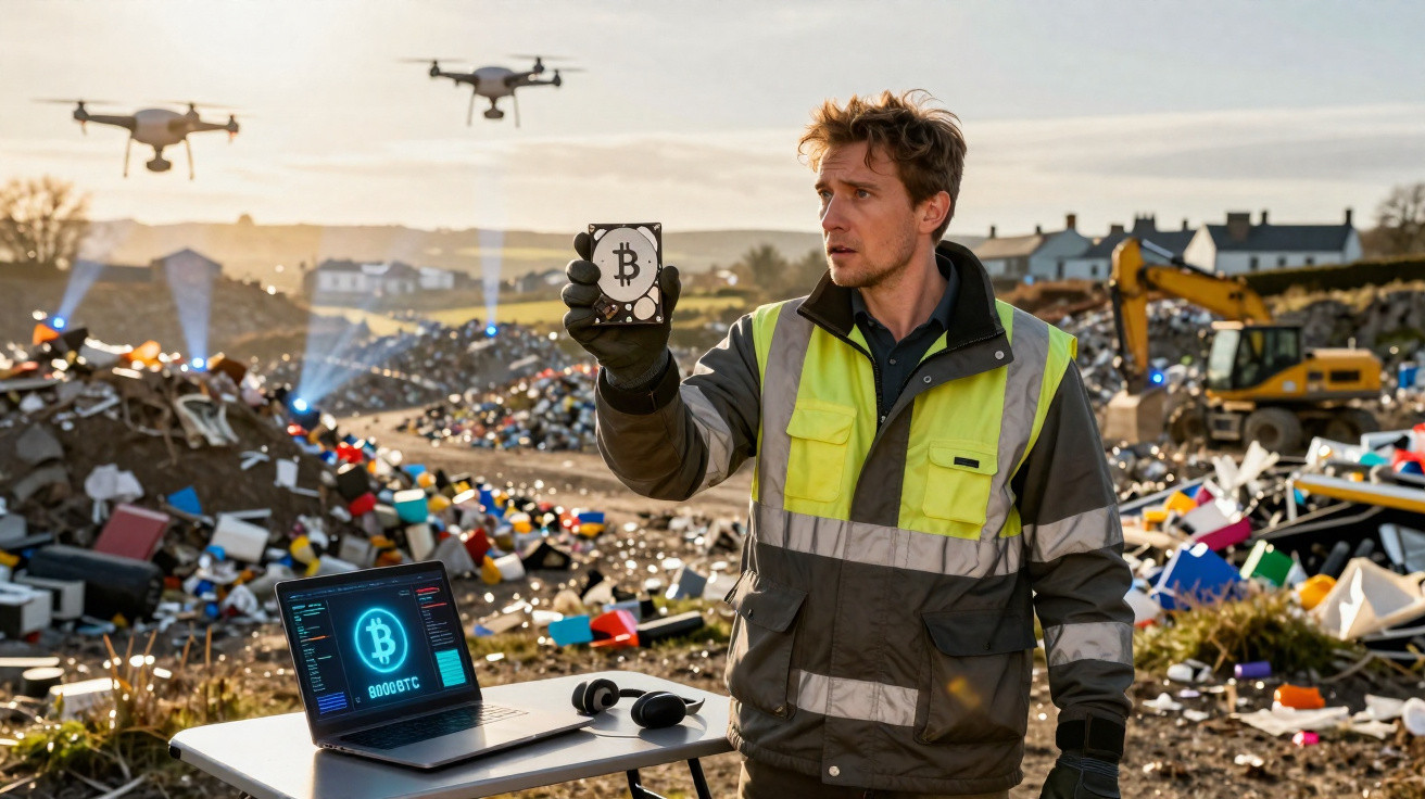 Man in hi-vis jacket holding Bitcoin hard drive at e-waste dump with drones and laptop showing Bitcoin data