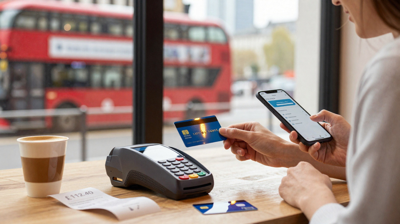 Person using phone and contactless credit card to pay at a cafe table with a receipt and coffee, red bus outside window.