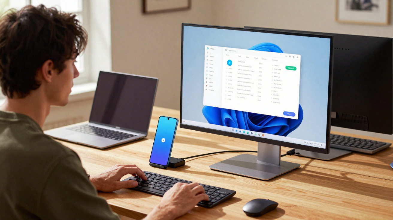 Person using a desktop computer with a smartphone on a stand and a laptop on a wooden desk in a home office.