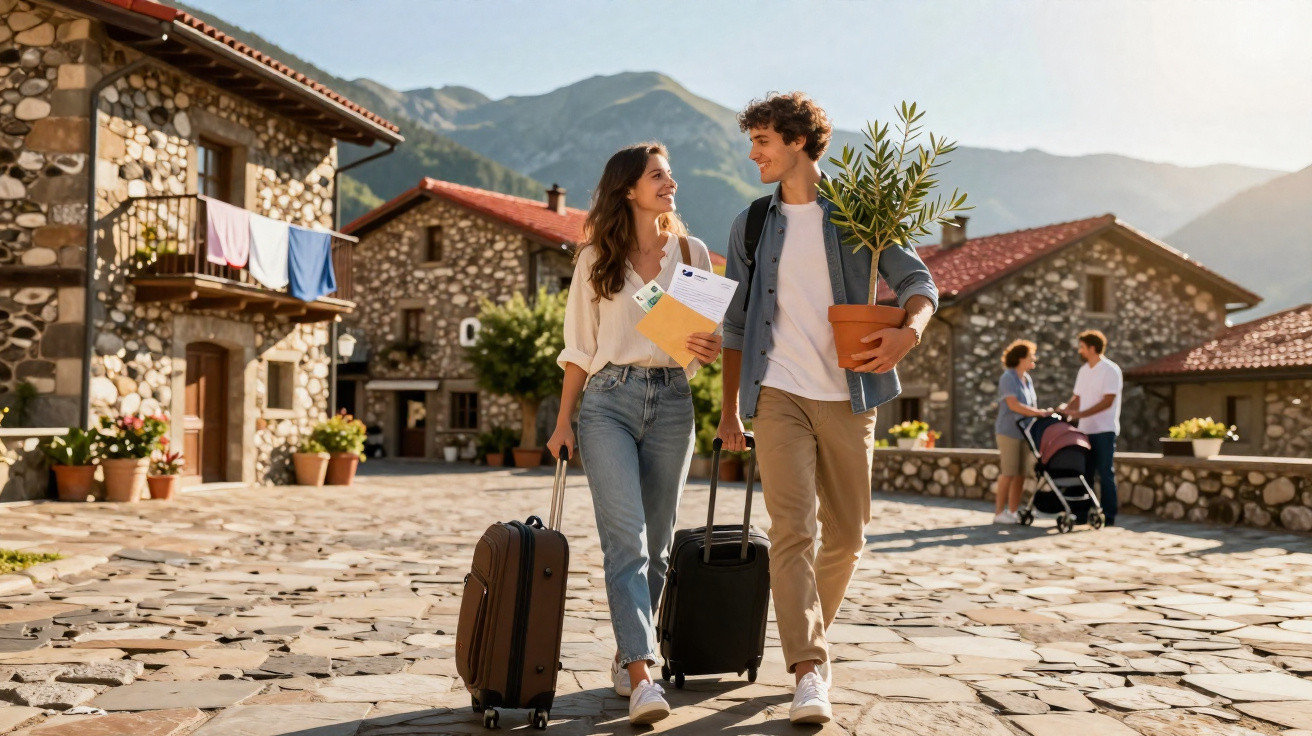 Young couple with suitcases and plant arriving at rustic stone cottages in sunny mountain village.