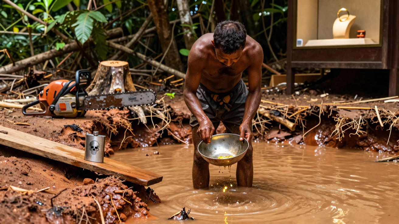 Man panning for gold in muddy water near a chainsaw and wooden plank in a forested area.