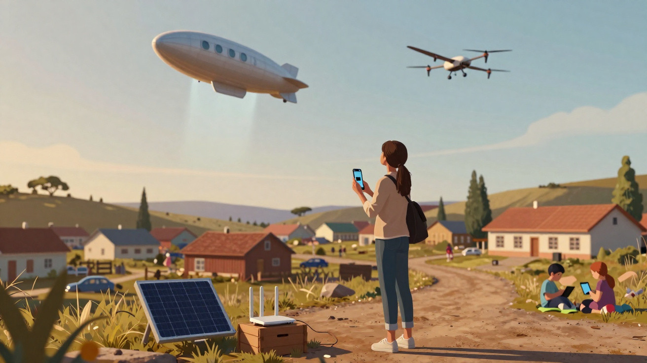 Person using smartphone to control futuristic airship and drone over rural village with solar panel and router.