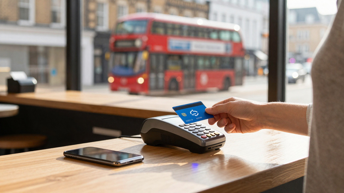 Person making contactless payment with a card on a terminal inside a cafe with a red double-decker bus outside.