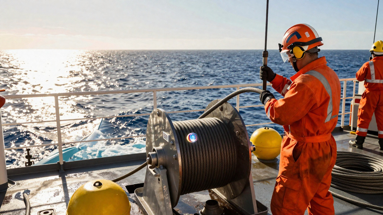 Worker in orange protective gear managing cable on a ship deck with ocean and sunset in the background.