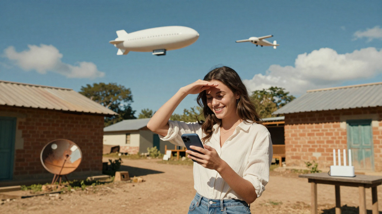 Smiling woman using a smartphone outdoors in a rural area with a drone and airship flying overhead.