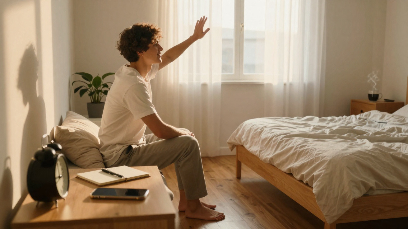 Young man sitting on bed edge stretching arm towards window in a sunlit bedroom with wooden floor.