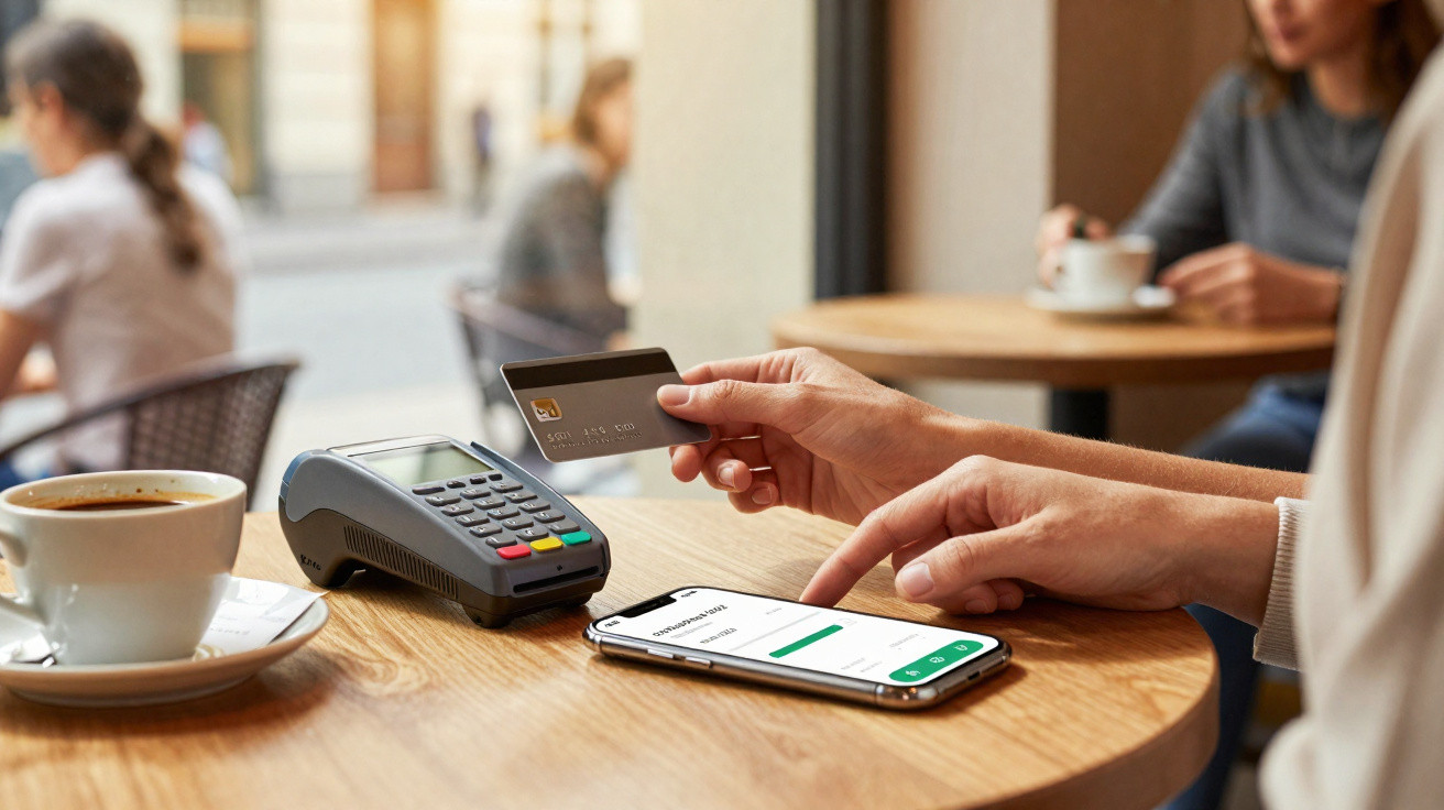 Person making a contactless payment with a card and smartphone at a café table next to a cup of coffee.
