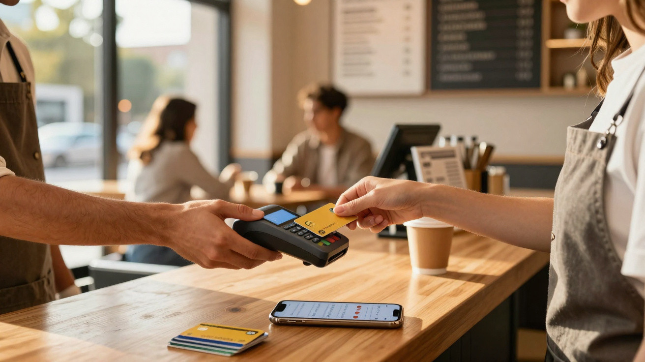 Customer paying with contactless card held by a barista in a cosy coffee shop interior.