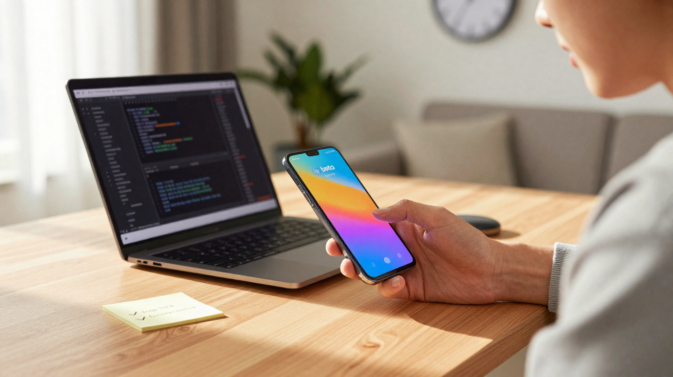 Person holding a smartphone showing a login screen beside a laptop displaying code on a wooden desk in a home office.