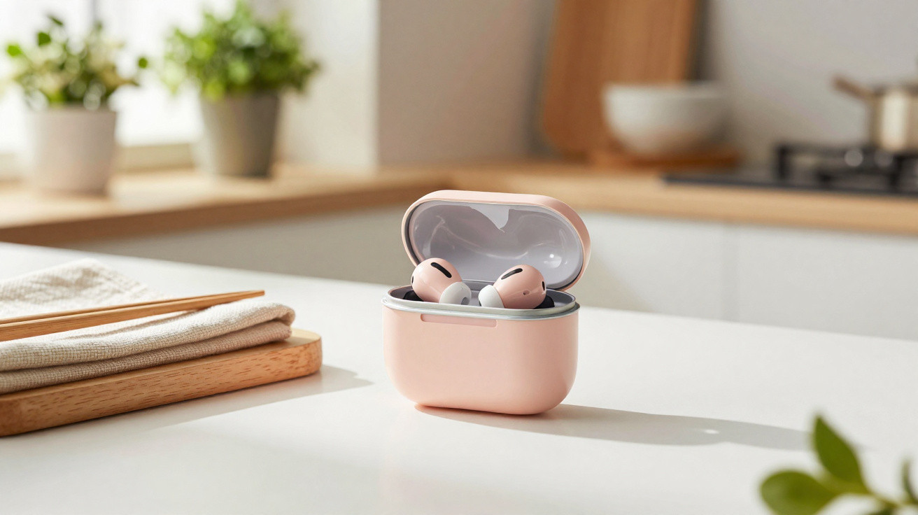 Pink wireless earbuds in an open charging case on a white kitchen countertop with wooden utensils nearby.