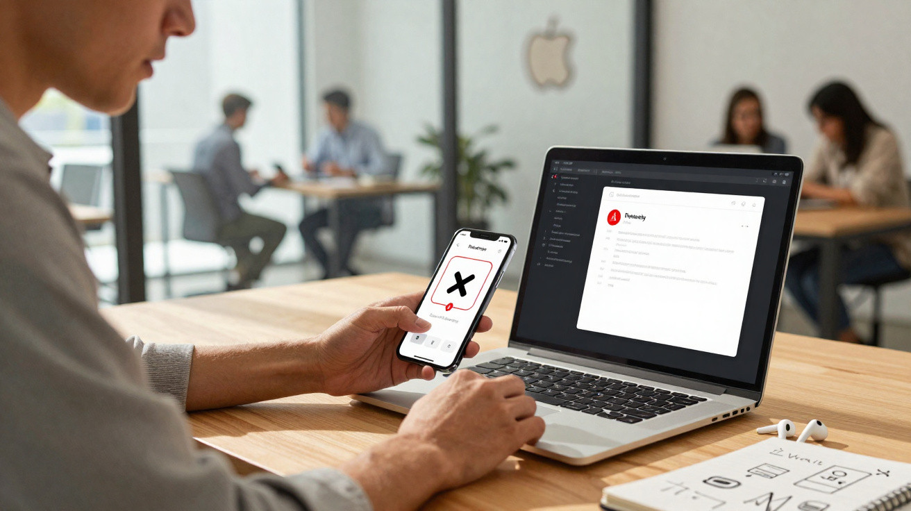 Person holding smartphone showing alert icon next to laptop displaying a cybersecurity alert message in office.