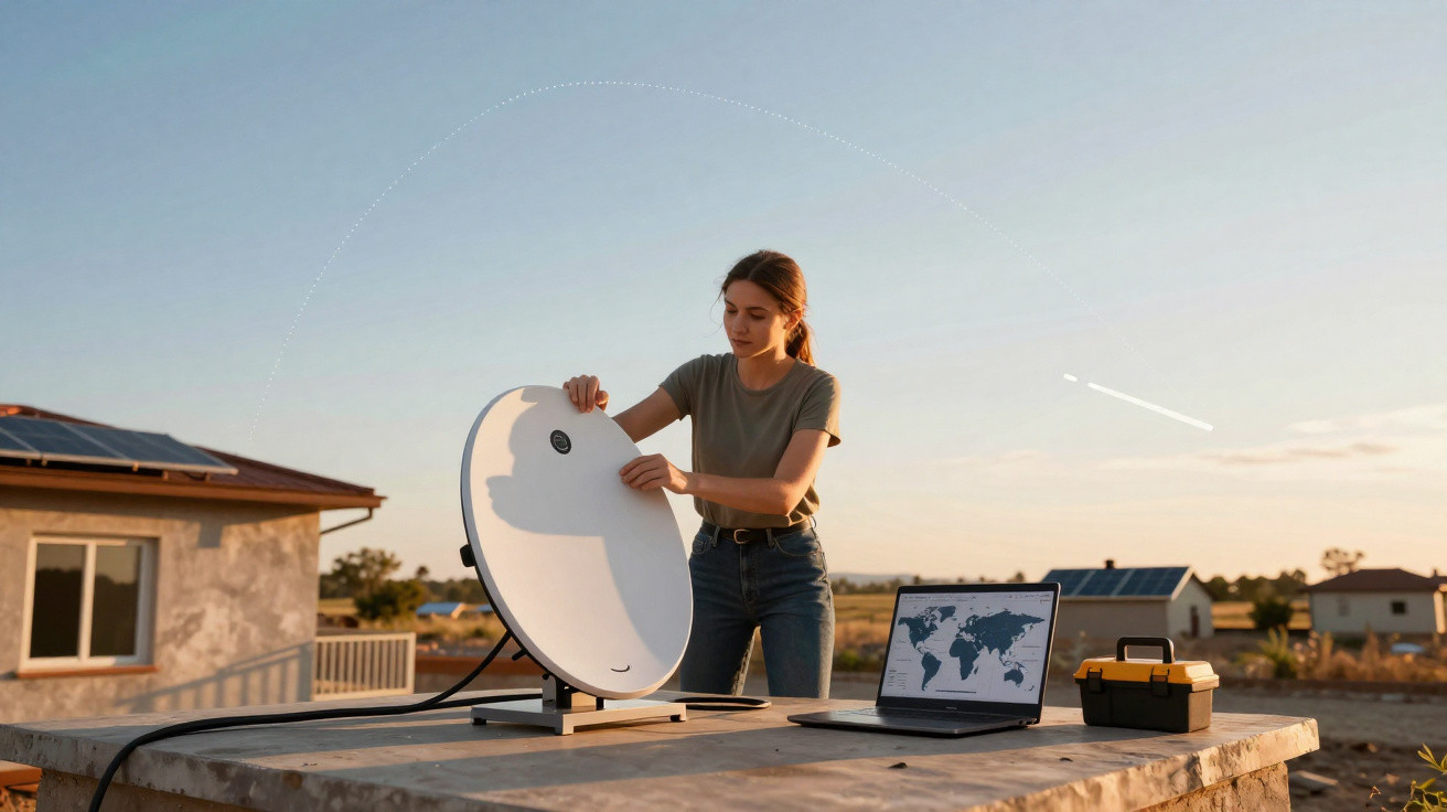 Young woman adjusting a satellite dish on a table outdoors with a laptop and toolbox at sunset.