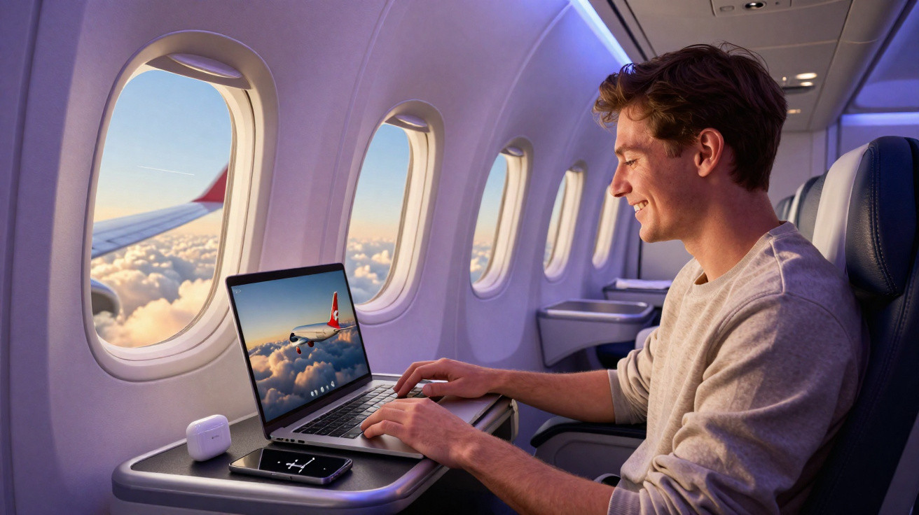 Young man using laptop on airplane with clouds and wing visible outside window at sunset.