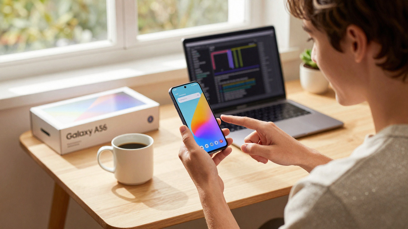 Person holding a Galaxy A56 smartphone with laptop, coffee cup, and phone box on wooden desk by a window.