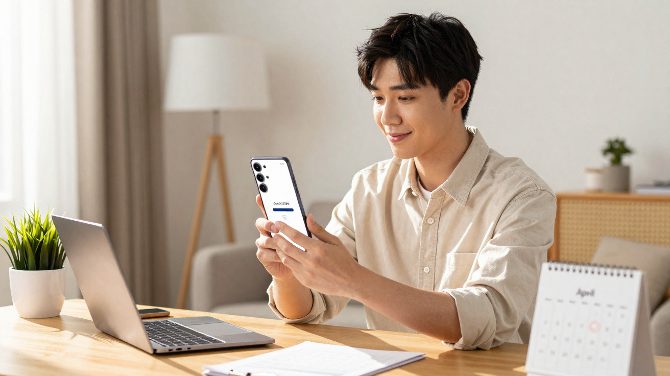Young man sitting at desk using smartphone with laptop and calendar in a bright, modern room
